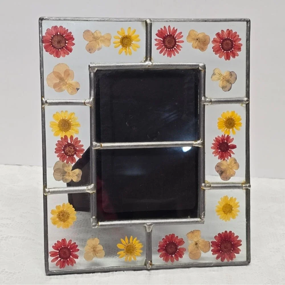 Vintage Stained Glass Pressed Dried Flowers  Picture Frame Cottage Summer Boho